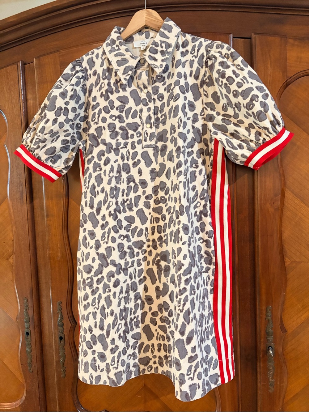 Entro Ecru Leopard Print Puff-Sleeve Shift Dress with Red Trim size s # 1241 - Picture 4 of 8